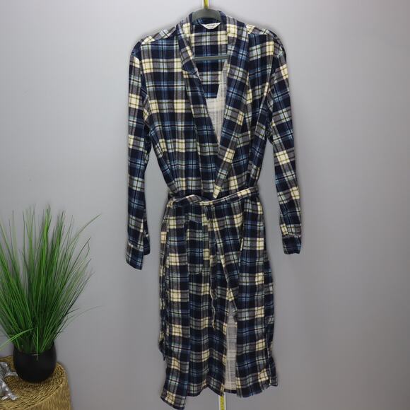 Vintage Pennleigh Plaid Flannel Robe L Blue Green White Belted - Picture 1 of 3